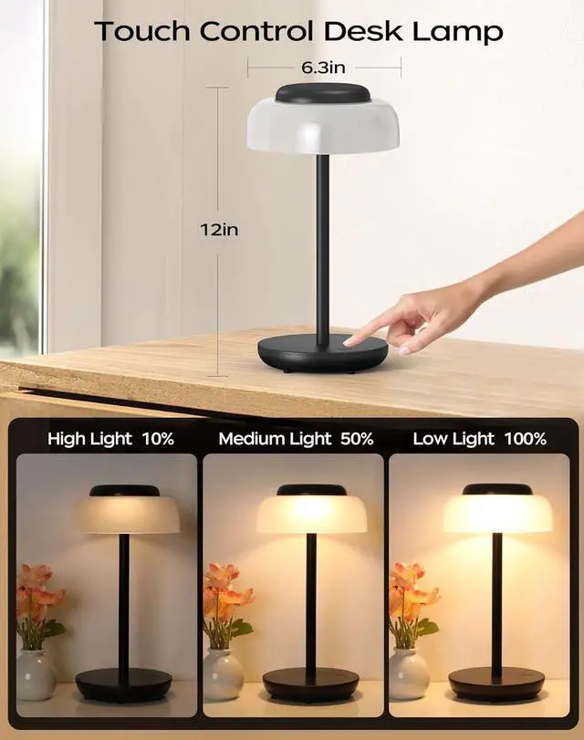 Alt view image 5 of 7 - QiMH Battery Operated LED Table Lamp, 2 Pack 5000mAh Cordless Desk Lamp with 3 Level Brightness Touch Control, Mini Rechargeable Night Light for Living Room, Bedroom, Outdoor bar (Black)