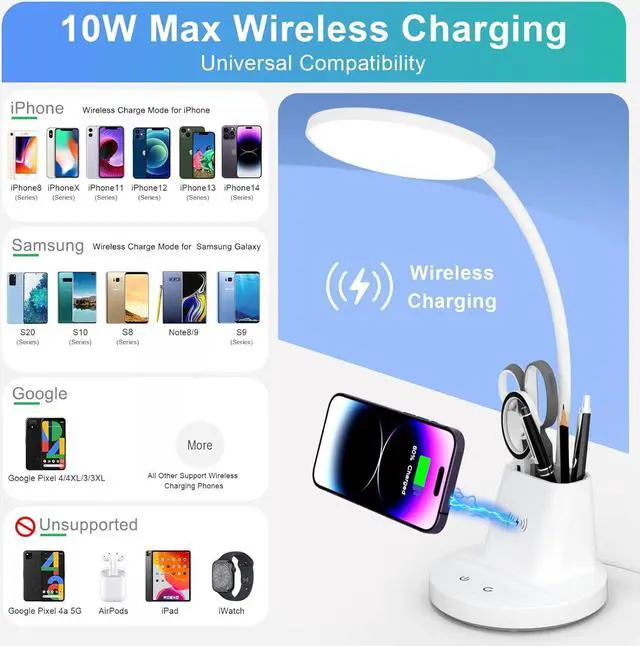 Alt view image 2 of 7 - Sailstar Desk Lamp for Home Office, Small Desk Lamp with Wireless Charger & Pen Holder, Cute Desk Lamp LED Dimmable Touch 3 Lighting Modes Memory, Gooseneck White Desk Light for College Dorm Room