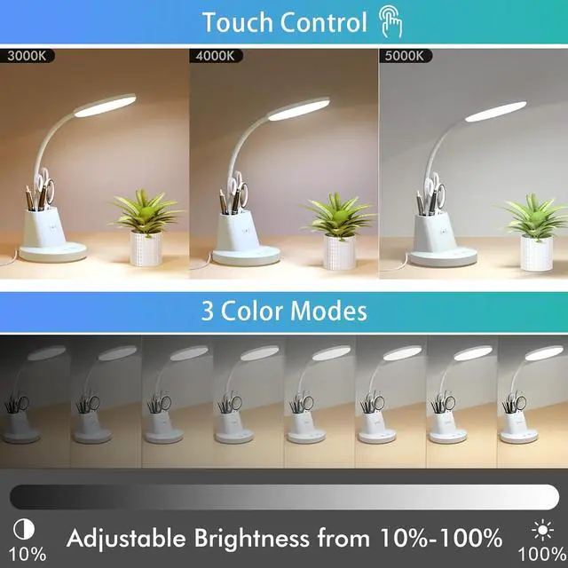 Alt view image 4 of 7 - Sailstar Desk Lamp for Home Office, Small Desk Lamp with Wireless Charger & Pen Holder, Cute Desk Lamp LED Dimmable Touch 3 Lighting Modes Memory, Gooseneck White Desk Light for College Dorm Room