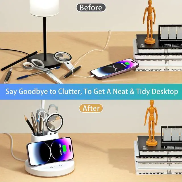 Alt view image 5 of 7 - Sailstar Desk Lamp for Home Office, Small Desk Lamp with Wireless Charger & Pen Holder, Cute Desk Lamp LED Dimmable Touch 3 Lighting Modes Memory, Gooseneck White Desk Light for College Dorm Room