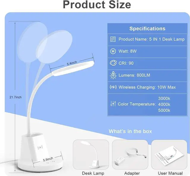 Alt view image 6 of 7 - Sailstar Desk Lamp for Home Office, Small Desk Lamp with Wireless Charger & Pen Holder, Cute Desk Lamp LED Dimmable Touch 3 Lighting Modes Memory, Gooseneck White Desk Light for College Dorm Room