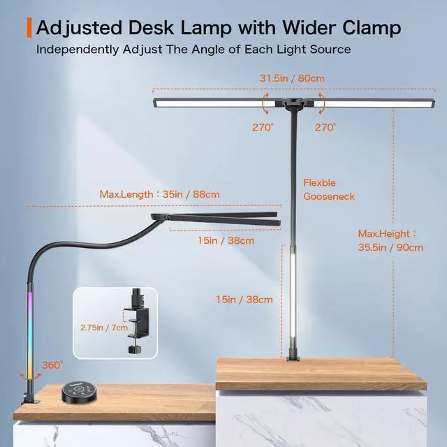 Alt view image 6 of 7 - LED Desk Lamp with Clamp,Architect Desk Lamp for Home Office,24W Ultra Bright with RGB Atmosphere Lighting,Remote Control,5 Color Modes & 5 Dimmable Eye Protection for Monitor Studio Reading
