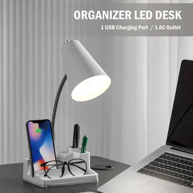 Alt view image 2 of 6 - E26 Desk Lamp with 1 USB Charging Port and 1 AC Outlet, Organizer Base, Adjustable Neck, On/Off Switch, Modern Table Lamp for Reading, Working, Studying (White)
