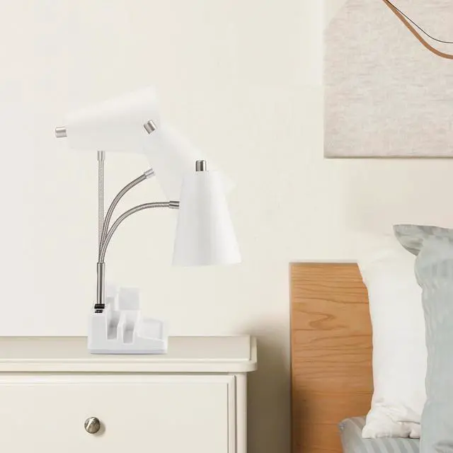 Alt view image 4 of 6 - E26 Desk Lamp with 1 USB Charging Port and 1 AC Outlet, Organizer Base, Adjustable Neck, On/Off Switch, Modern Table Lamp for Reading, Working, Studying (White)