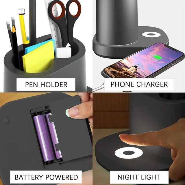 Alt view image 2 of 7 - LED Desk Lamps for Home Office Reading Study, 3 Color Touch Battery Operated Desk Lamp for Kids, Super Bright Desk Lamp USB Port Pen Holder Tall Flexible Gooseneck Rechargeable Battery Powered Black