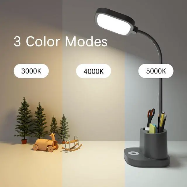 Alt view image 4 of 7 - LED Desk Lamps for Home Office Reading Study, 3 Color Touch Battery Operated Desk Lamp for Kids, Super Bright Desk Lamp USB Port Pen Holder Tall Flexible Gooseneck Rechargeable Battery Powered Black
