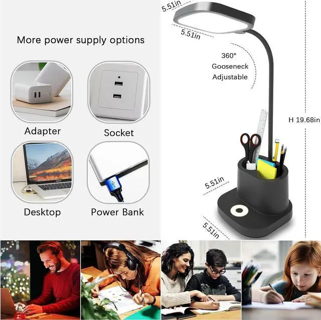 Alt view image 7 of 7 - LED Desk Lamps for Home Office Reading Study, 3 Color Touch Battery Operated Desk Lamp for Kids, Super Bright Desk Lamp USB Port Pen Holder Tall Flexible Gooseneck Rechargeable Battery Powered Black
