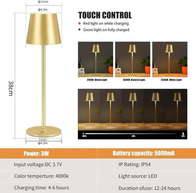 Alt view image 2 of 6 - BGFHome Cordless Table Lamp LED Desk lamp,5000mAh Rechargeable Touch Night Light Wireless Minimalist Design for/Restaurant/Bedroom/Bars/Outdoor Party/Camping/Coffee Shop(2 Pack Gold)