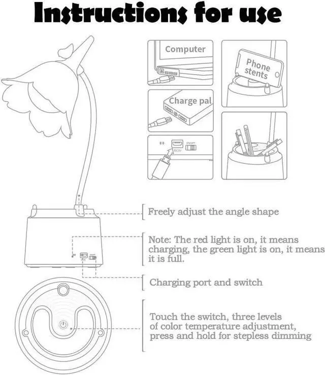 Alt view image 7 of 7 - Pink Desk Lamp, Rechargeable LED with USB Charging, 3 Color Modes & Stepless Dimming, Cute for College Dorm Bedroom Reading