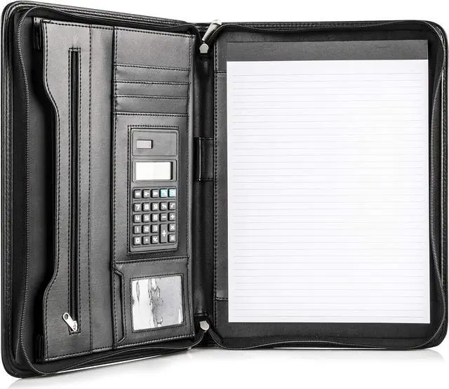Main image of Cossini Black Superior Vegan Leather Business Portfolio with Zipper Padfolio All-in-One. Smartest Protective 10.1 Inch Tablet Sleeve, Presentation Slot, Solar Calculator, Card Storage, Writing Pad