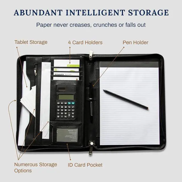Alt view image 2 of 7 - Cossini Black Superior Vegan Leather Business Portfolio with Zipper Padfolio All-in-One. Smartest Protective 10.1 Inch Tablet Sleeve, Presentation Slot, Solar Calculator, Card Storage, Writing Pad