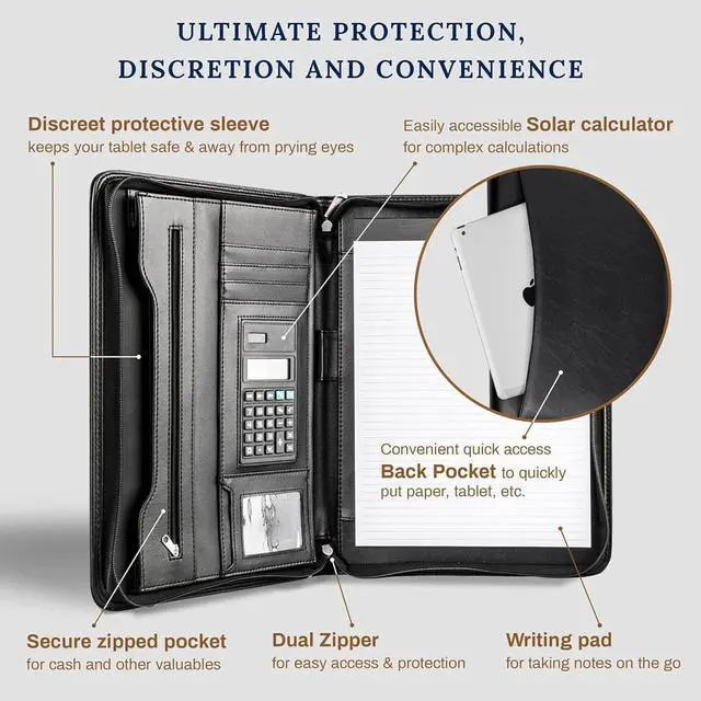 Alt view image 3 of 7 - Cossini Black Superior Vegan Leather Business Portfolio with Zipper Padfolio All-in-One. Smartest Protective 10.1 Inch Tablet Sleeve, Presentation Slot, Solar Calculator, Card Storage, Writing Pad