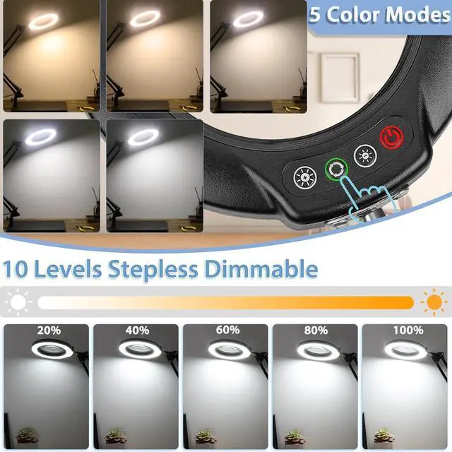 Alt view image 3 of 7 - 10X Magnifying Glass with Light and Stand, 2-in-1 LED Magnifying Desk Lamp with Clamp, 5 Color Modes Stepless Dimmable, Lighted Magnifier Hands Free for Painting Sewing Craft Close Work