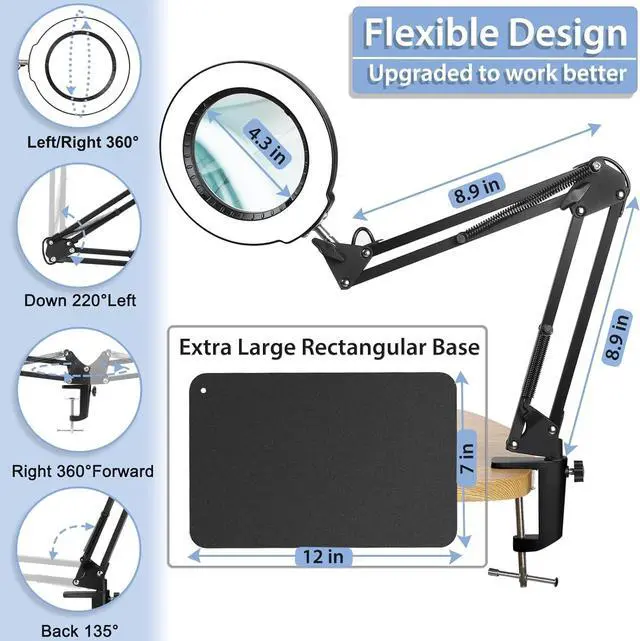 Alt view image 4 of 7 - 10X Magnifying Glass with Light and Stand, 2-in-1 LED Magnifying Desk Lamp with Clamp, 5 Color Modes Stepless Dimmable, Lighted Magnifier Hands Free for Painting Sewing Craft Close Work