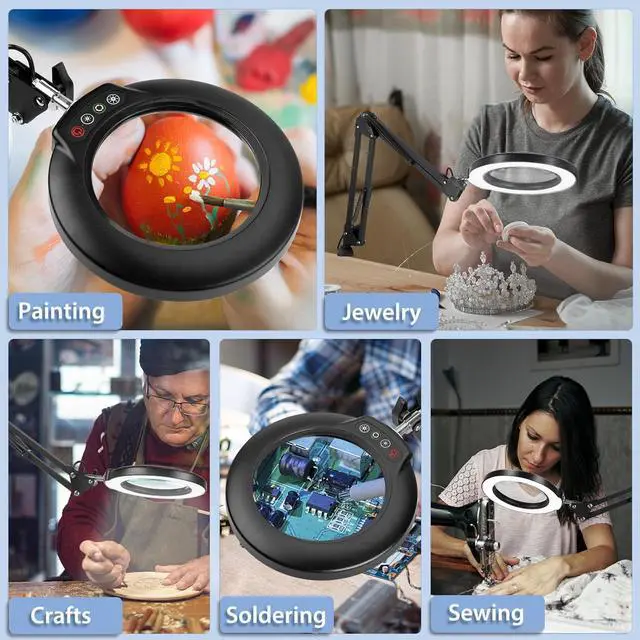 Alt view image 7 of 7 - 10X Magnifying Glass with Light and Stand, 2-in-1 LED Magnifying Desk Lamp with Clamp, 5 Color Modes Stepless Dimmable, Lighted Magnifier Hands Free for Painting Sewing Craft Close Work