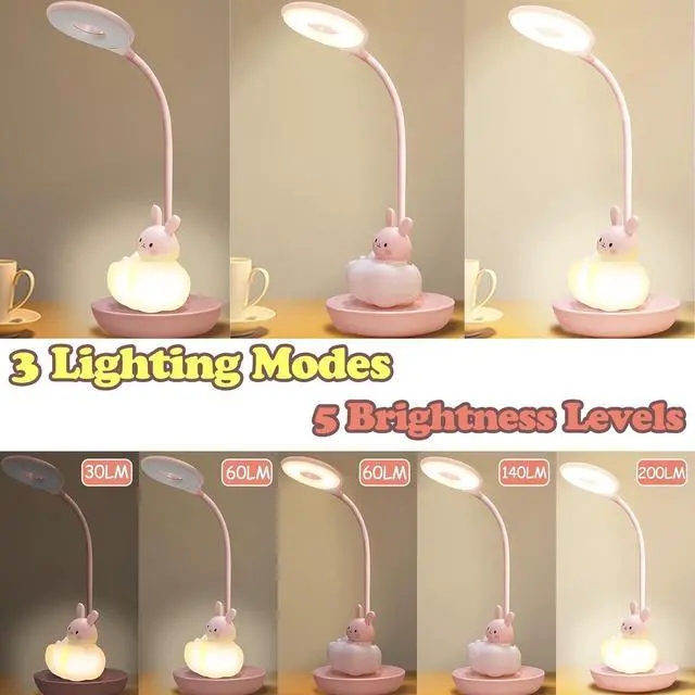 Alt view image 2 of 6 - Kids Desk Lamp Pink, Dimming Desk Lamp for Girls with Exclusive Cartoon Look, Cute Night Light for Kids Bedroom, Eye-Caring LED Portable Reading Lamp for Child, Unique Gift (Pink Rabbit)