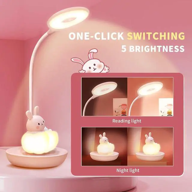 Alt view image 3 of 6 - Kids Desk Lamp Pink, Dimming Desk Lamp for Girls with Exclusive Cartoon Look, Cute Night Light for Kids Bedroom, Eye-Caring LED Portable Reading Lamp for Child, Unique Gift (Pink Rabbit)