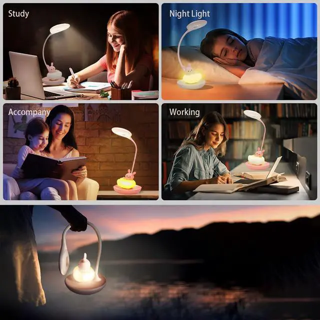 Alt view image 5 of 6 - Kids Desk Lamp Pink, Dimming Desk Lamp for Girls with Exclusive Cartoon Look, Cute Night Light for Kids Bedroom, Eye-Caring LED Portable Reading Lamp for Child, Unique Gift (Pink Rabbit)