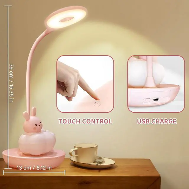 Alt view image 6 of 6 - Kids Desk Lamp Pink, Dimming Desk Lamp for Girls with Exclusive Cartoon Look, Cute Night Light for Kids Bedroom, Eye-Caring LED Portable Reading Lamp for Child, Unique Gift (Pink Rabbit)