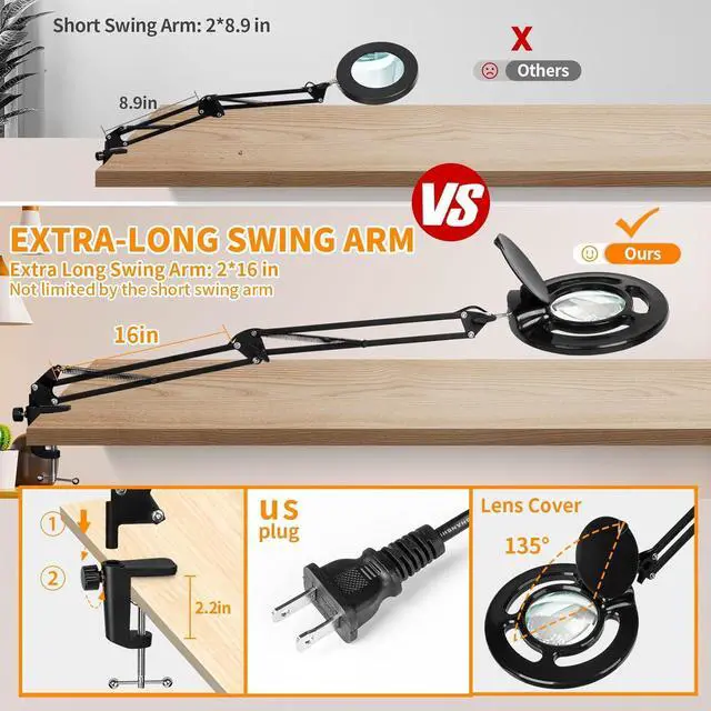 Alt view image 3 of 7 - 10X Long Magnifying Glass with Light and Stand, 2200 Lumens Dimmable Bright LED Lighted Magnifier, Ajustable Swing Arm Magnifying Desk Lamp with Clamp, Hands Free for Hobby Repair Workbench