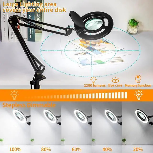 Alt view image 4 of 7 - 10X Long Magnifying Glass with Light and Stand, 2200 Lumens Dimmable Bright LED Lighted Magnifier, Ajustable Swing Arm Magnifying Desk Lamp with Clamp, Hands Free for Hobby Repair Workbench