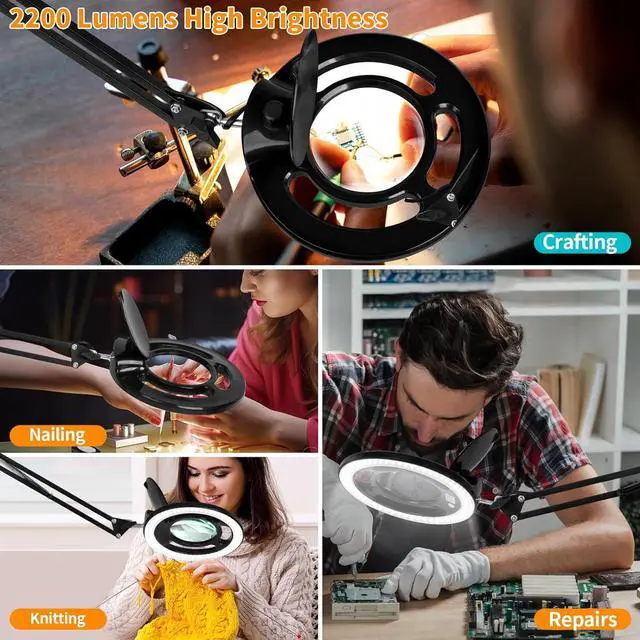 Alt view image 7 of 7 - 10X Long Magnifying Glass with Light and Stand, 2200 Lumens Dimmable Bright LED Lighted Magnifier, Ajustable Swing Arm Magnifying Desk Lamp with Clamp, Hands Free for Hobby Repair Workbench