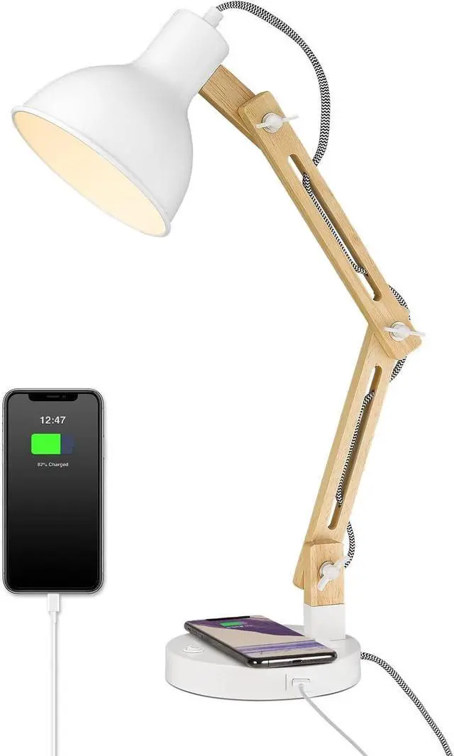 Main image of ELYONA White Desk Lamp with Wireless Charger, Solid Wood Table Lamp with USB C Charging Port, Swing Arm Reading Task Light with 5W LED Bulb for College Dorm, Office, Living Room, Bedroom, Farmhouse