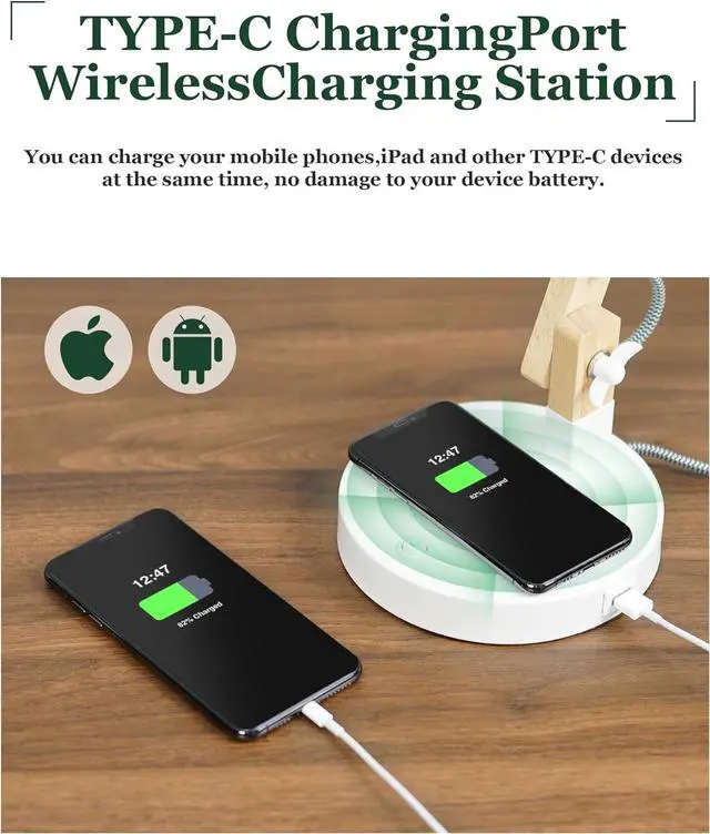 Alt view image 3 of 7 - ELYONA White Desk Lamp with Wireless Charger, Solid Wood Table Lamp with USB C Charging Port, Swing Arm Reading Task Light with 5W LED Bulb for College Dorm, Office, Living Room, Bedroom, Farmhouse