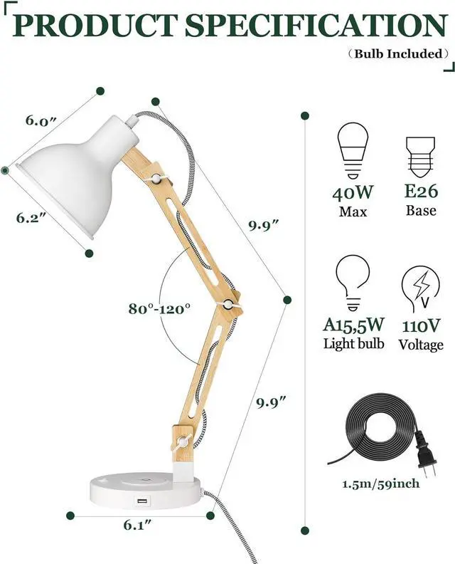 Alt view image 5 of 7 - ELYONA White Desk Lamp with Wireless Charger, Solid Wood Table Lamp with USB C Charging Port, Swing Arm Reading Task Light with 5W LED Bulb for College Dorm, Office, Living Room, Bedroom, Farmhouse