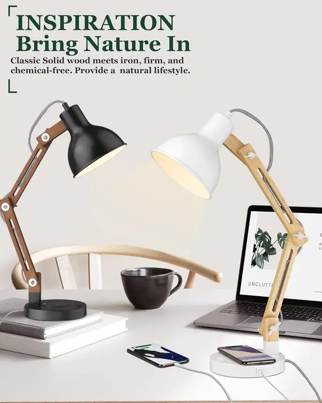 Alt view image 7 of 7 - ELYONA White Desk Lamp with Wireless Charger, Solid Wood Table Lamp with USB C Charging Port, Swing Arm Reading Task Light with 5W LED Bulb for College Dorm, Office, Living Room, Bedroom, Farmhouse