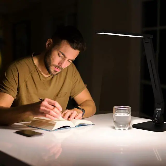 Alt view image 6 of 7 - Desk Lamp, LED Dimmable Reading Light with Adjustable Lighting 5 Brightness Levels, 4 Light Colors and USB Charging Port Table Lamp (Piano Black)