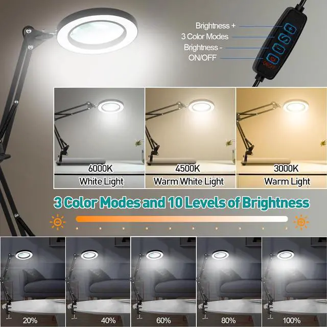 Alt view image 3 of 6 - 10X Magnifying Glass with Light and Stand, KUVRS 2200 Lumen 3 Color Stepless Dimming LED Lighted Magnifier Light, 4 Magnetic Pillar & Gooseneck Magnifying Desk Clamp Lamp for Craft Electronic Project