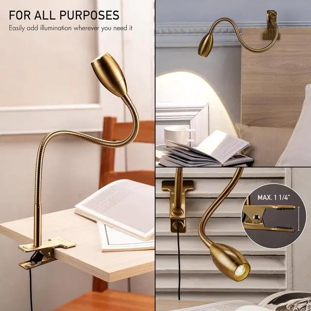 Alt view image 2 of 7 - O'Bright Lumos - Versatile Clip-on Lamp: Zoomable Spotlight, Dimmable LED, Flexible Gooseneck, 4000K Light, 100% Metal Clamp - Ideal for Reading, Crafting, Work, and Headboards, Antique Brass