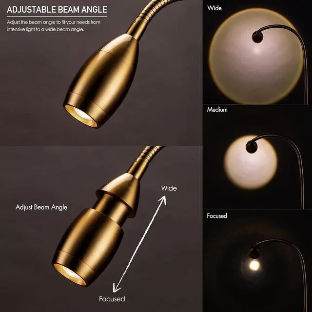 Alt view image 3 of 7 - O'Bright Lumos - Versatile Clip-on Lamp: Zoomable Spotlight, Dimmable LED, Flexible Gooseneck, 4000K Light, 100% Metal Clamp - Ideal for Reading, Crafting, Work, and Headboards, Antique Brass