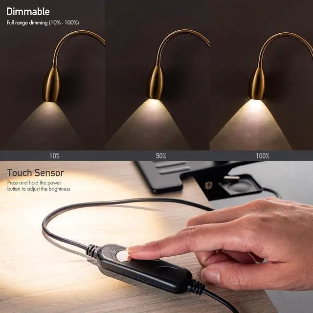 Alt view image 4 of 7 - O'Bright Lumos - Versatile Clip-on Lamp: Zoomable Spotlight, Dimmable LED, Flexible Gooseneck, 4000K Light, 100% Metal Clamp - Ideal for Reading, Crafting, Work, and Headboards, Antique Brass