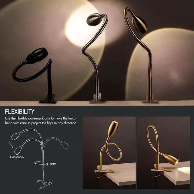 Alt view image 5 of 7 - O'Bright Lumos - Versatile Clip-on Lamp: Zoomable Spotlight, Dimmable LED, Flexible Gooseneck, 4000K Light, 100% Metal Clamp - Ideal for Reading, Crafting, Work, and Headboards, Antique Brass
