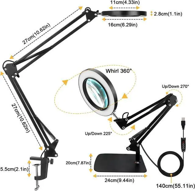 Alt view image 3 of 7 - Magnifying Glass with Light and Stand, 10X Magnifying Lamp with Clamp, 3 Color Modes Stepless Dimmable Desk Lamp, 2-in-1 Adjustable Swing Arm Lighted Magnifier Lamp for Reading, Craft