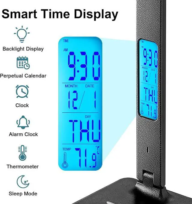 Alt view image 3 of 7 - LAOPAO LED Desk Lamp with Wireless Charger, USB Charging Port, Adjustable & Foldable with Clock, Alarm, Date, Temperature, 5-Level Dimmable Lighting, for Office with Adapter
