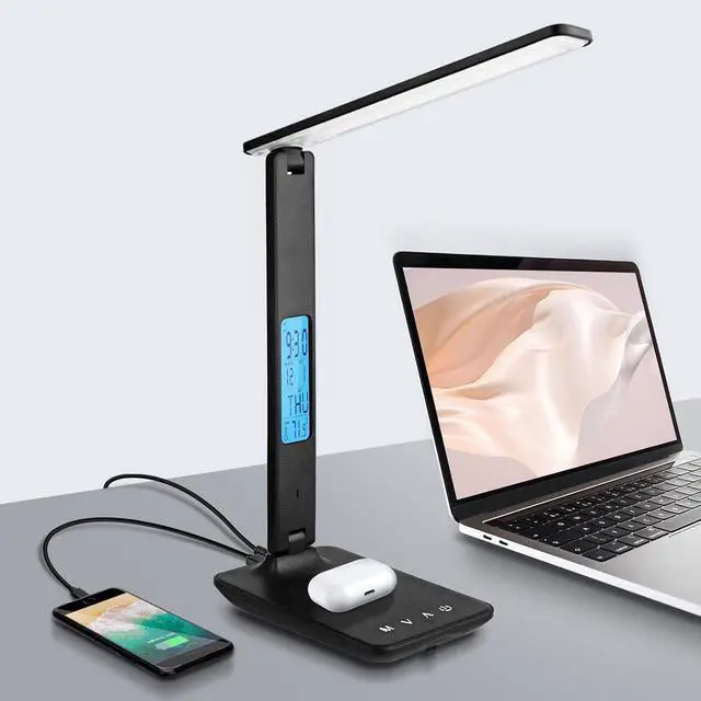 Alt view image 6 of 7 - LAOPAO LED Desk Lamp with Wireless Charger, USB Charging Port, Adjustable & Foldable with Clock, Alarm, Date, Temperature, 5-Level Dimmable Lighting, for Office with Adapter