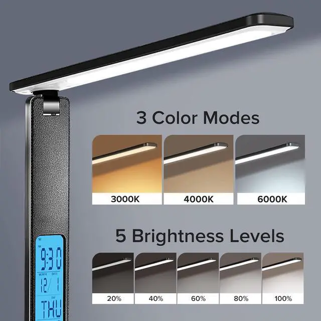 Alt view image 2 of 7 - LAOPAO LED Desk Lamp with Wireless Charger, USB Charging Port, Adjustable & Foldable with Clock, Alarm, Date, Temperature, 5-Level Dimmable Lighting, for Office with Adapter