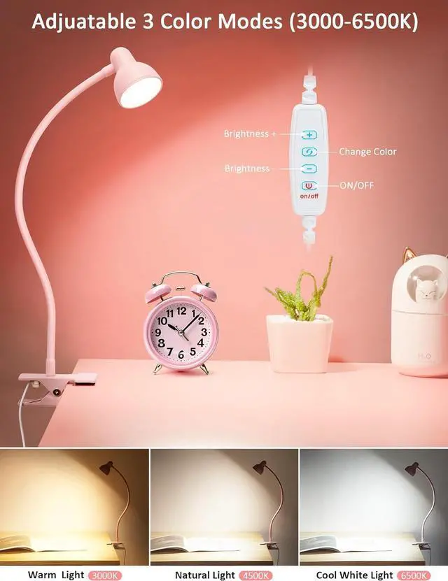 Alt view image 2 of 6 - LiFMIRA Pink Small Desk Lamp Clip on Reading Light for Bed 3 Colors 10 Brightness Dimmable Flexible Gooseneck Clip on Light for Bed Headboard College Dorm Room