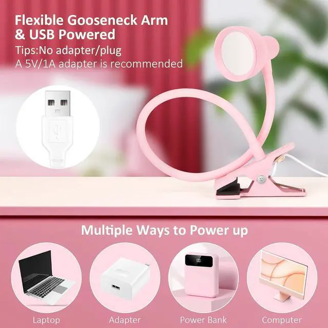 Alt view image 6 of 6 - LiFMIRA Pink Small Desk Lamp Clip on Reading Light for Bed 3 Colors 10 Brightness Dimmable Flexible Gooseneck Clip on Light for Bed Headboard College Dorm Room
