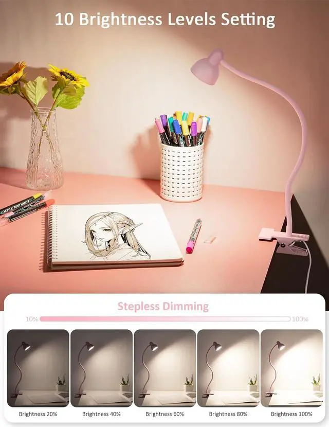 Alt view image 3 of 6 - LiFMIRA Pink Small Desk Lamp Clip on Reading Light for Bed 3 Colors 10 Brightness Dimmable Flexible Gooseneck Clip on Light for Bed Headboard College Dorm Room