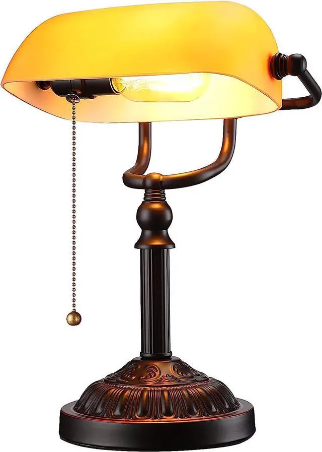 Main image of TORCHSTAR Bankers Desk Lamp with Pull Chain Switch, Amber Glass Shade Desk Lamps, Bronze Base, UL Listed, E26 Base, Vintage Library Lamp for Office, Study Room(Matted Orange)