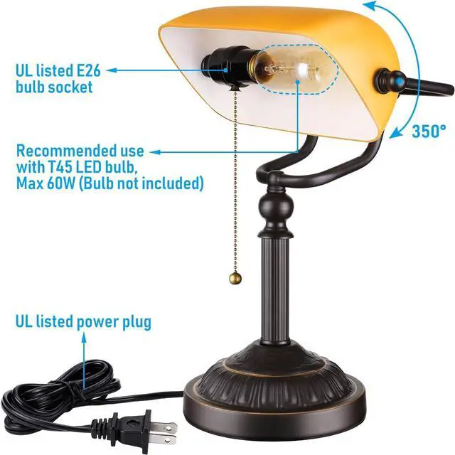 Alt view image 3 of 7 - TORCHSTAR Bankers Desk Lamp with Pull Chain Switch, Amber Glass Shade Desk Lamps, Bronze Base, UL Listed, E26 Base, Vintage Library Lamp for Office, Study Room(Matted Orange)