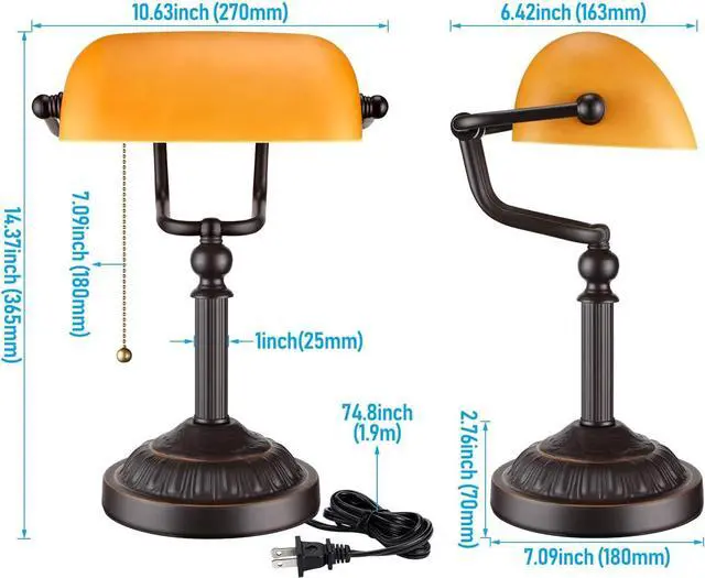 Alt view image 5 of 7 - TORCHSTAR Bankers Desk Lamp with Pull Chain Switch, Amber Glass Shade Desk Lamps, Bronze Base, UL Listed, E26 Base, Vintage Library Lamp for Office, Study Room(Matted Orange)