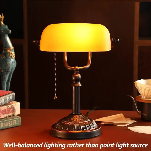 Alt view image 7 of 7 - TORCHSTAR Bankers Desk Lamp with Pull Chain Switch, Amber Glass Shade Desk Lamps, Bronze Base, UL Listed, E26 Base, Vintage Library Lamp for Office, Study Room(Matted Orange)