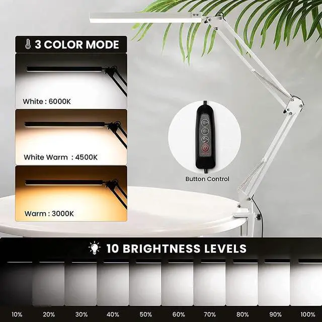 Alt view image 4 of 7 - LED Desk Lamp, Manicure Table Lamp, 16" Lamp Head, Dimmable Eye-Caring Drafting Light with 3 Color Modes, 10 Brightness Levels & Adapter, Memory Function(White)