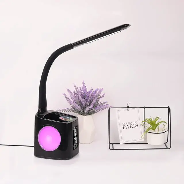 Alt view image 4 of 6 - LED Desk Lamp with Clock,Color Changing Nightlight,Study Lamp with Pen Holder,Desk Light with USB Charger,Table Light for Home,Office,Gift for Kids,Students,Women,Black