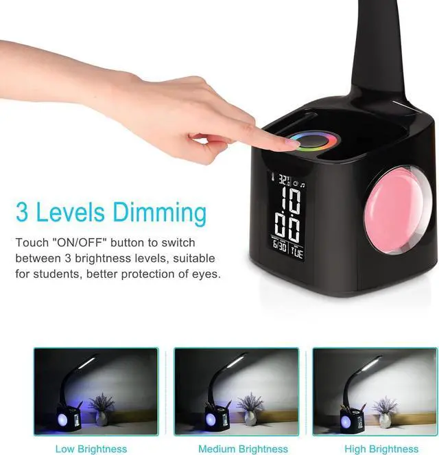 Alt view image 5 of 6 - LED Desk Lamp with Clock,Color Changing Nightlight,Study Lamp with Pen Holder,Desk Light with USB Charger,Table Light for Home,Office,Gift for Kids,Students,Women,Black